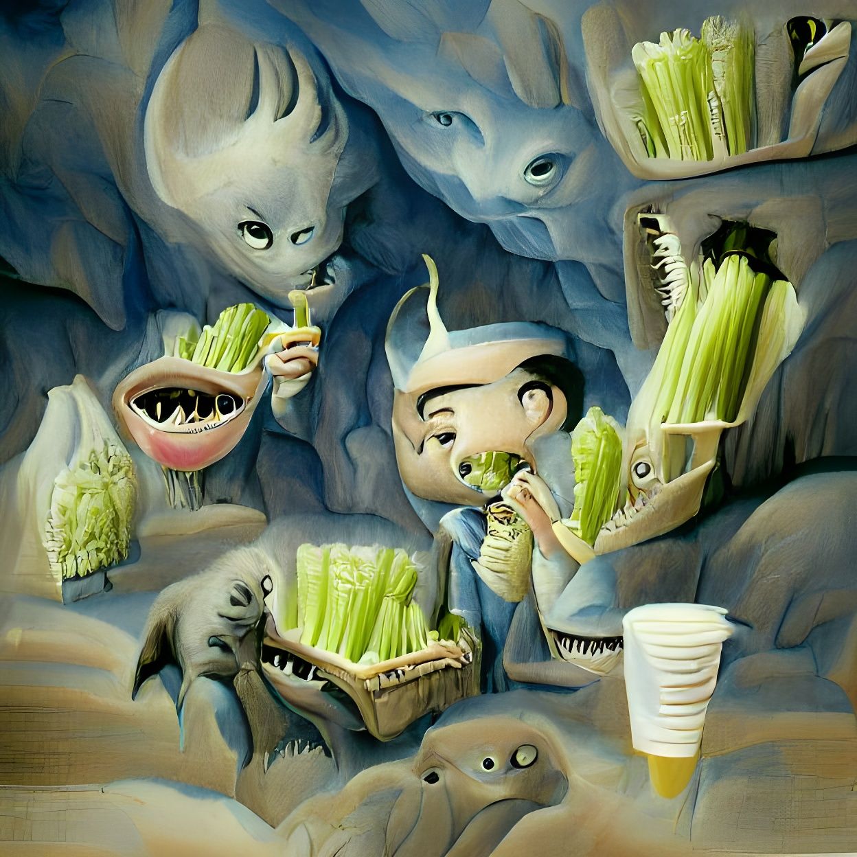 Surreal Aliens Eating Celery Cave Illustration