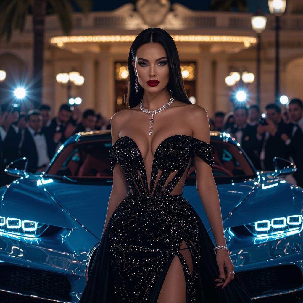 Stunning Woman in Haute Couture Exits Bugatti in Monaco