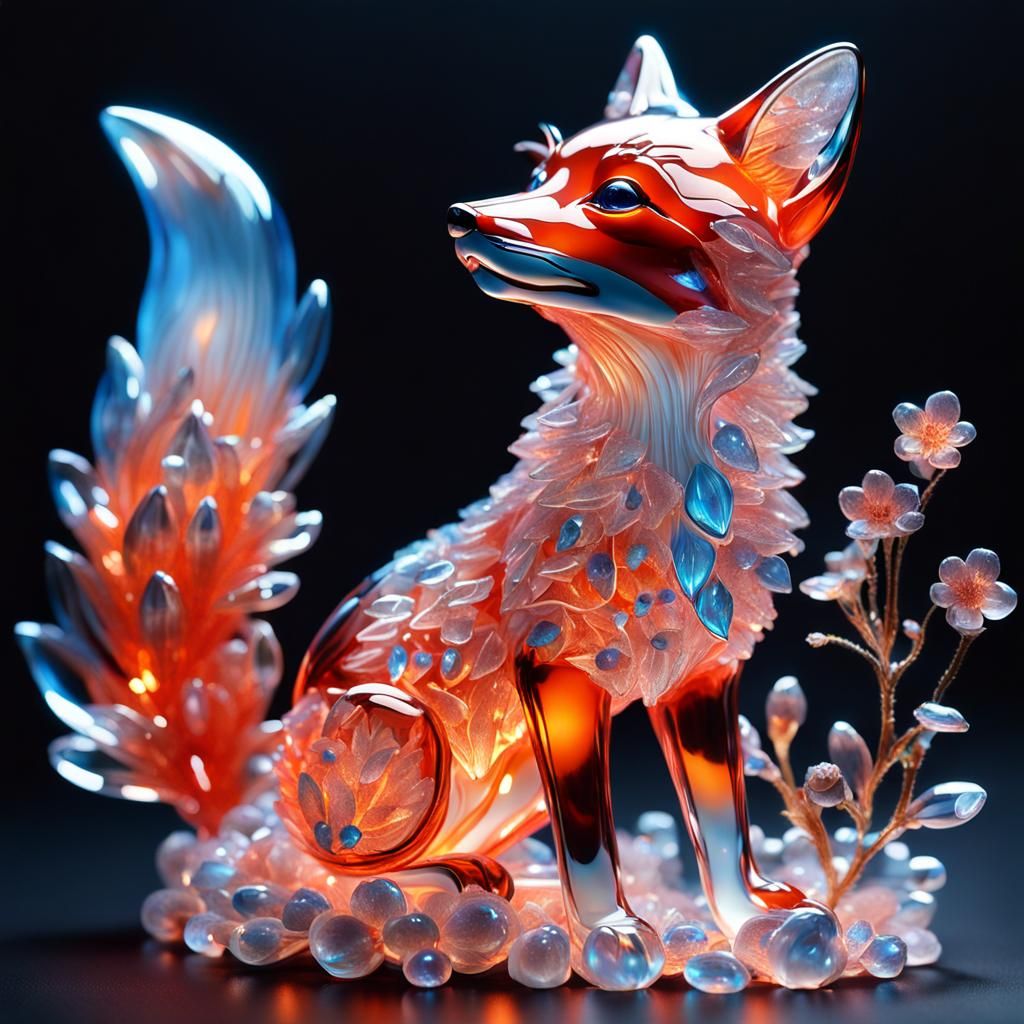 Vermilion Crystal Fox Sculpture in Biopunk Style