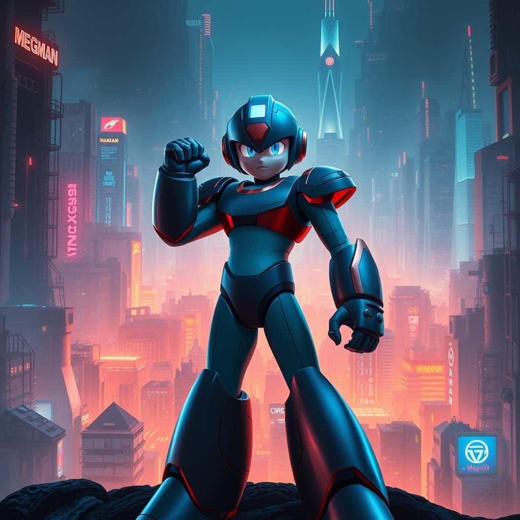 Cyberpunk Hero Mega Man Stands Tall in Dystopian Metropolis