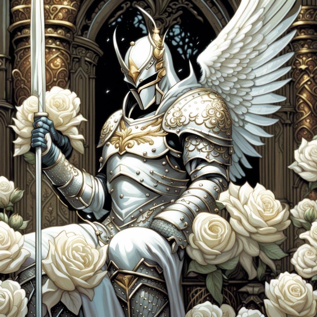 Gothic Angel Knight on Rose Throne, Comic Book Art