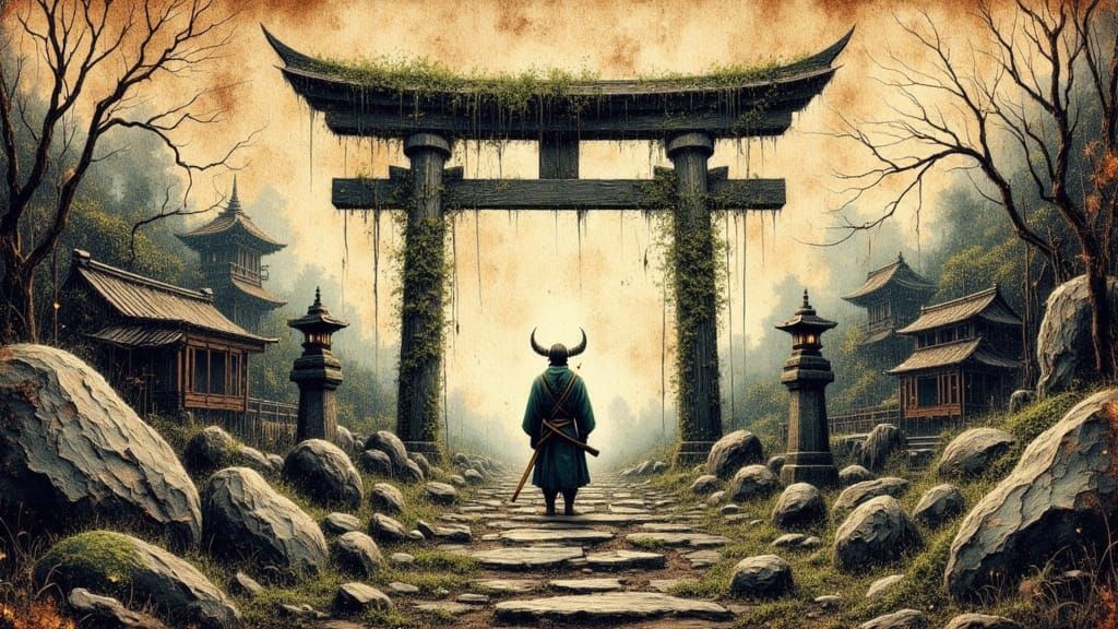 Samurai Before Tori Gate on Giant Pencil in Ruins