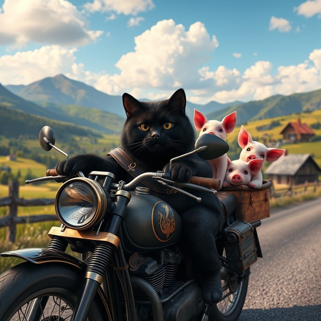 Chubby Cat Rides Vintage Motorcycle with Joyful Piglets
