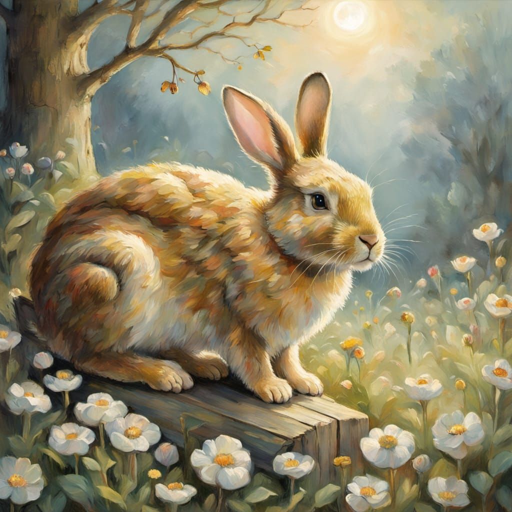 Glowing Rabbit in Enchanted Meadow Oil Painting