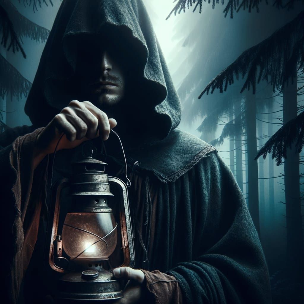 Mysterious Lantern Bearer in a Foggy Forest