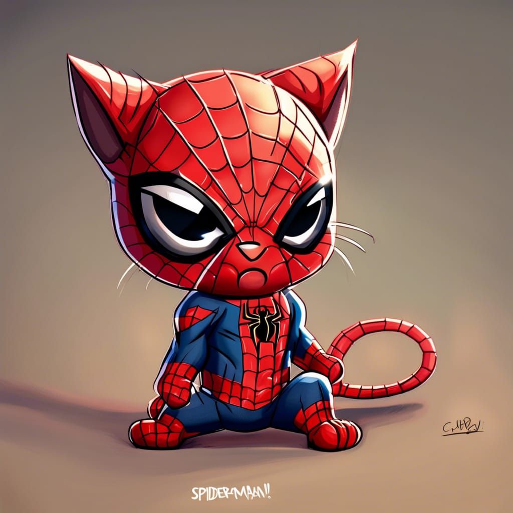Chibi Cat Spiderman Cartoon Illustration