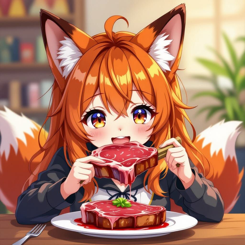 Cute Fox Girl Enjoys Juicy Steak in Anime Style