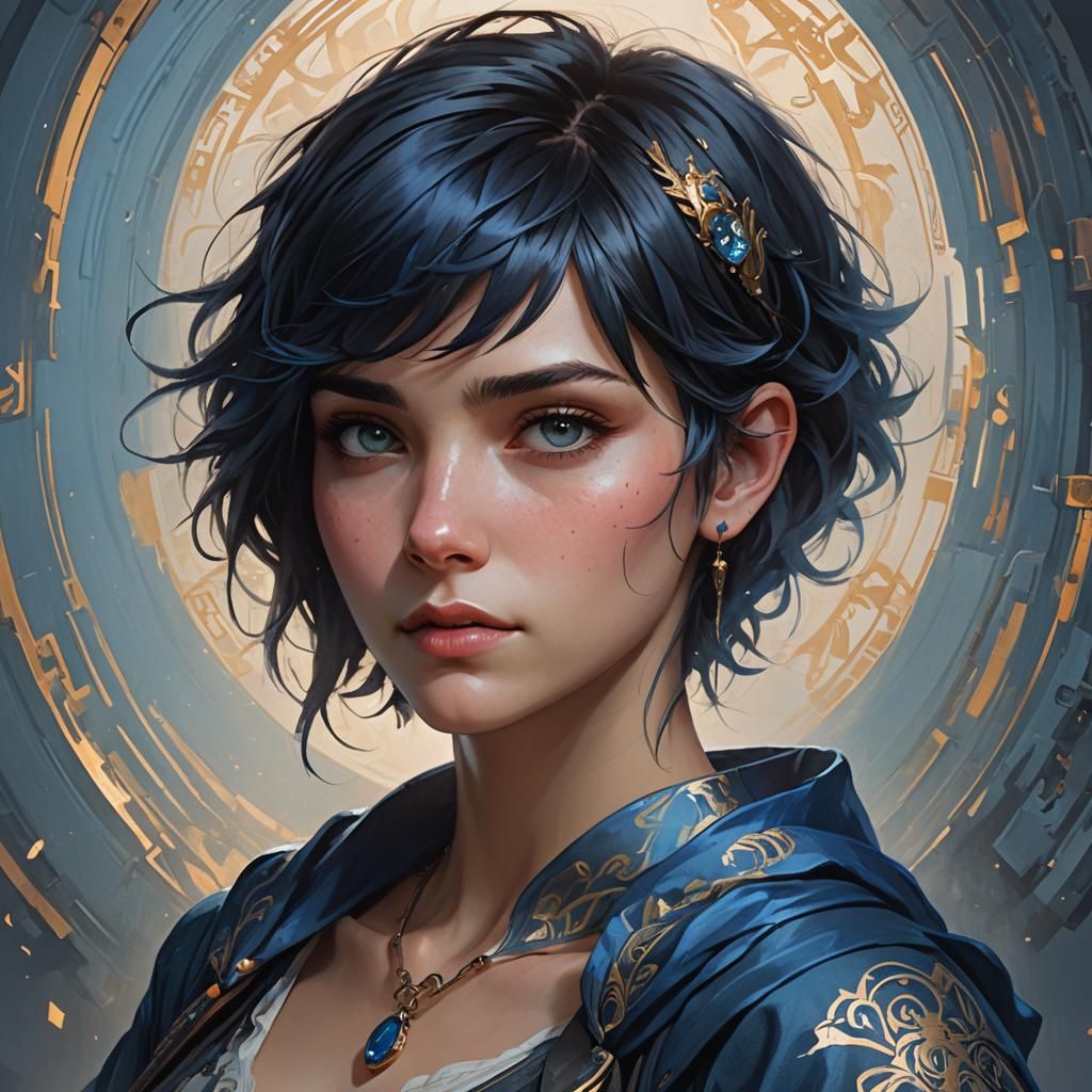 Hyperdetailed Portrait of Woman with Black and Blue Hair