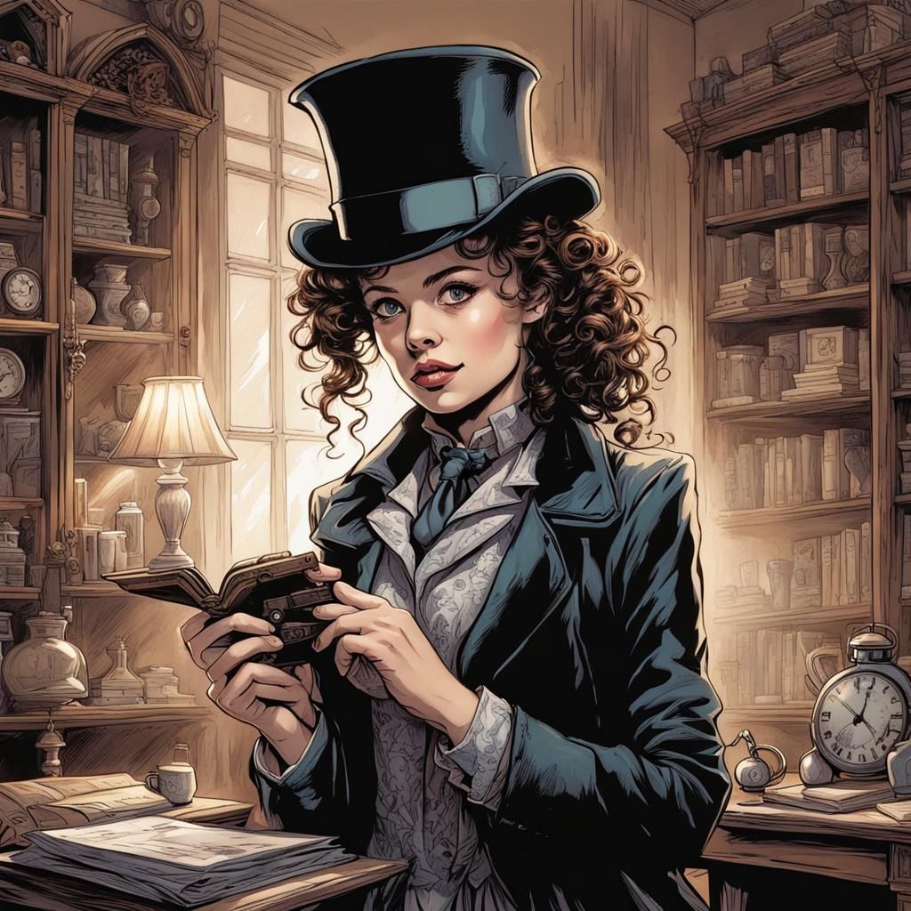 Young Woman as Sherlock Holmes in Comic Book Art