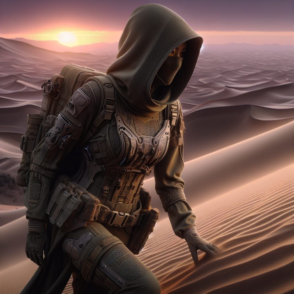 Desert Traveler in Sci-Fi Style at Dusk