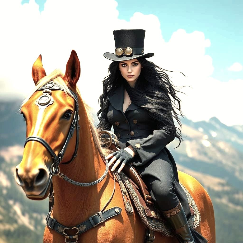 Steampunk Victorian Woman on Pony, Detailed Matte Painting