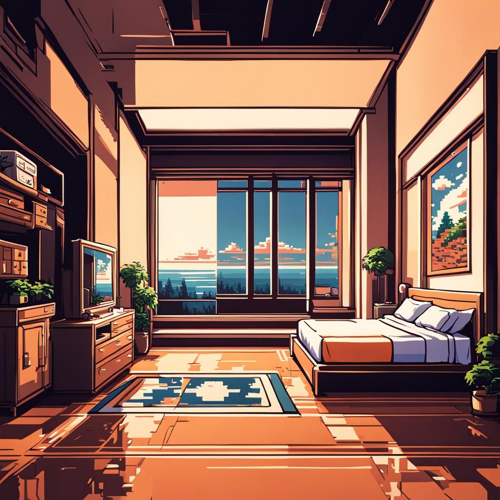 Retro 70s Bedroom in 8-Bit Pixel Art