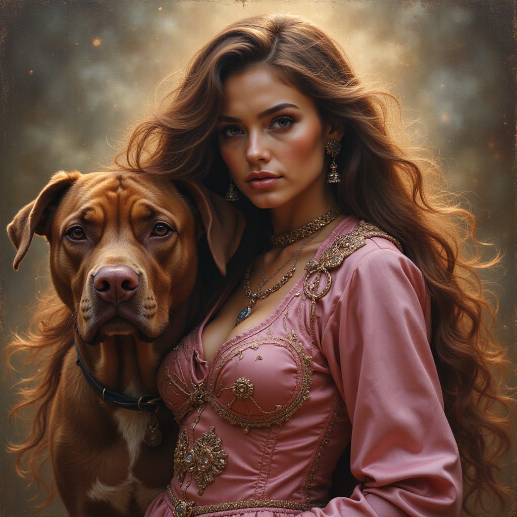 Elegant Woman With Heartbreak and Loyal Pitbull in Oil Paint...