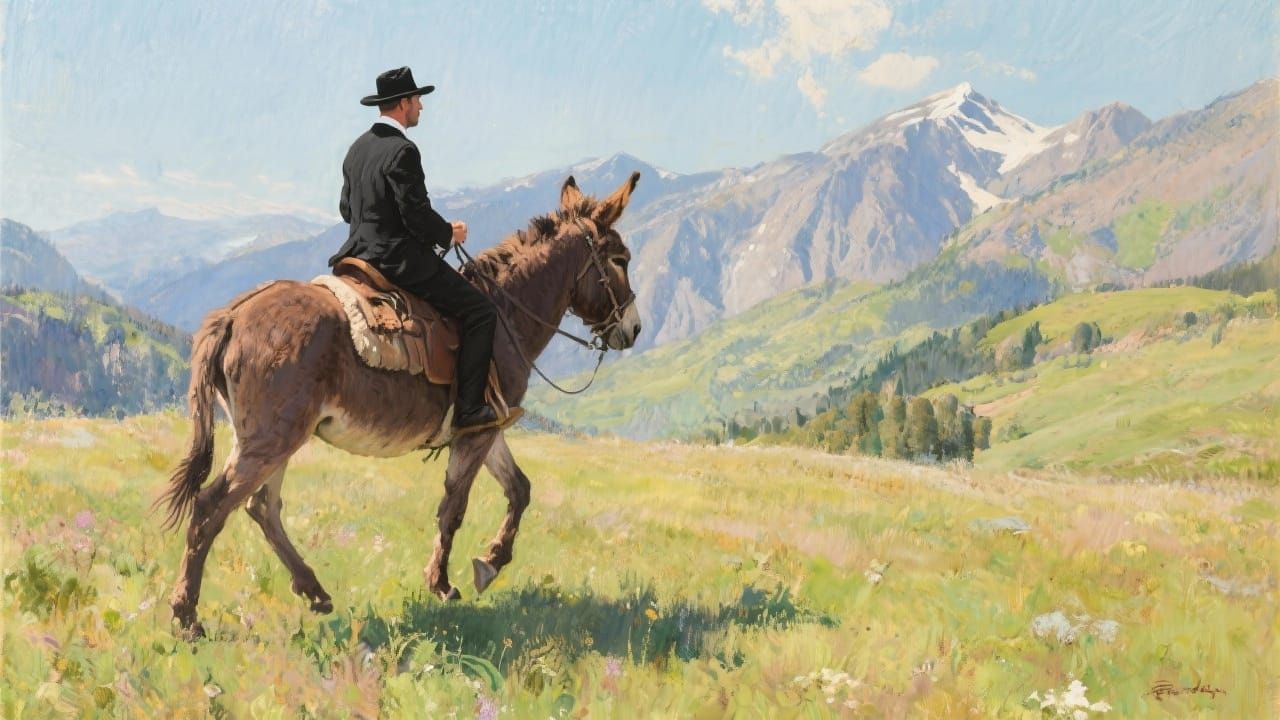 Man Rides Buckskin Mule Through Mountain Meadow