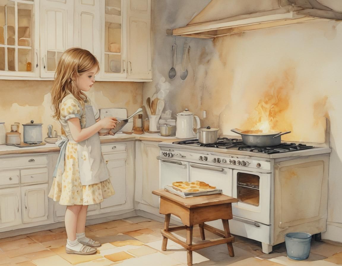 Little Girl Cooking Pudding: Whimsical Watercolor Illustrati...