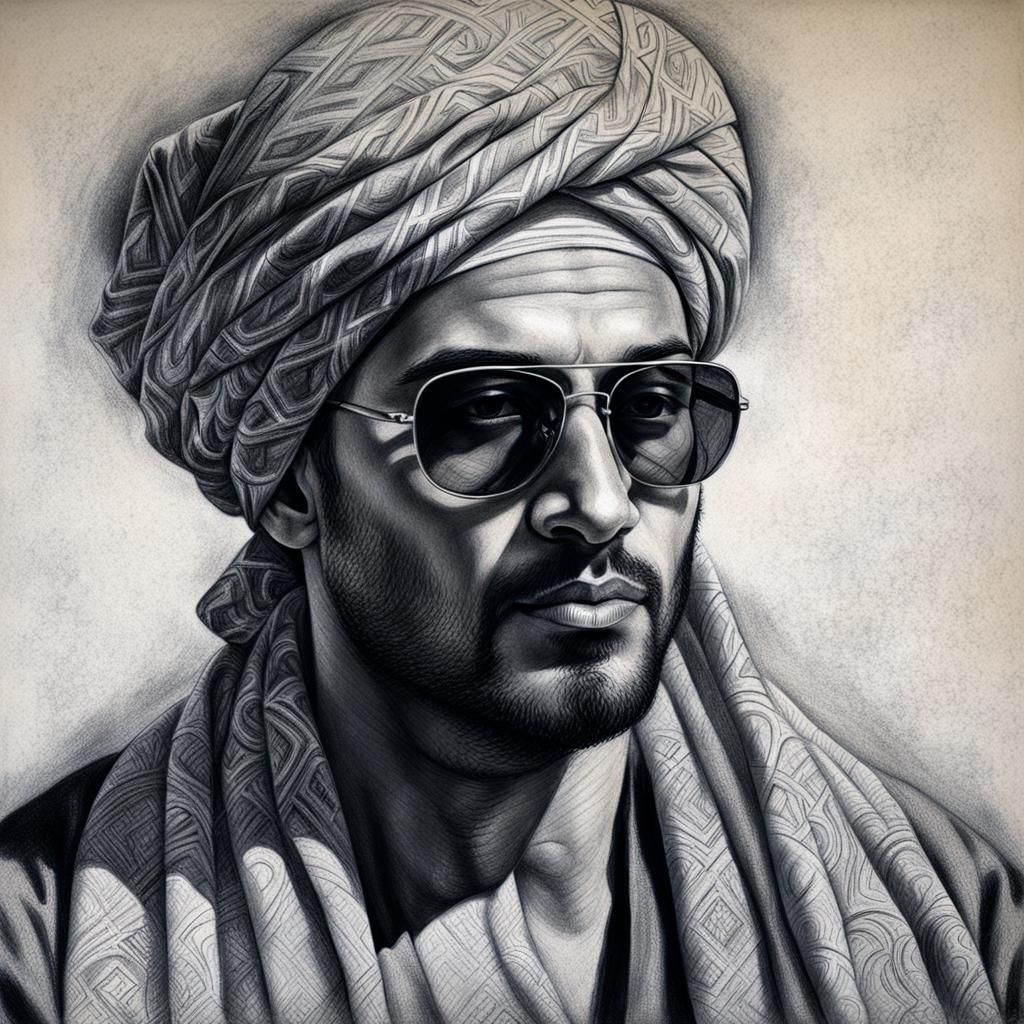 Detailed Charcoal Portrait: Young Man in Robe and Turban