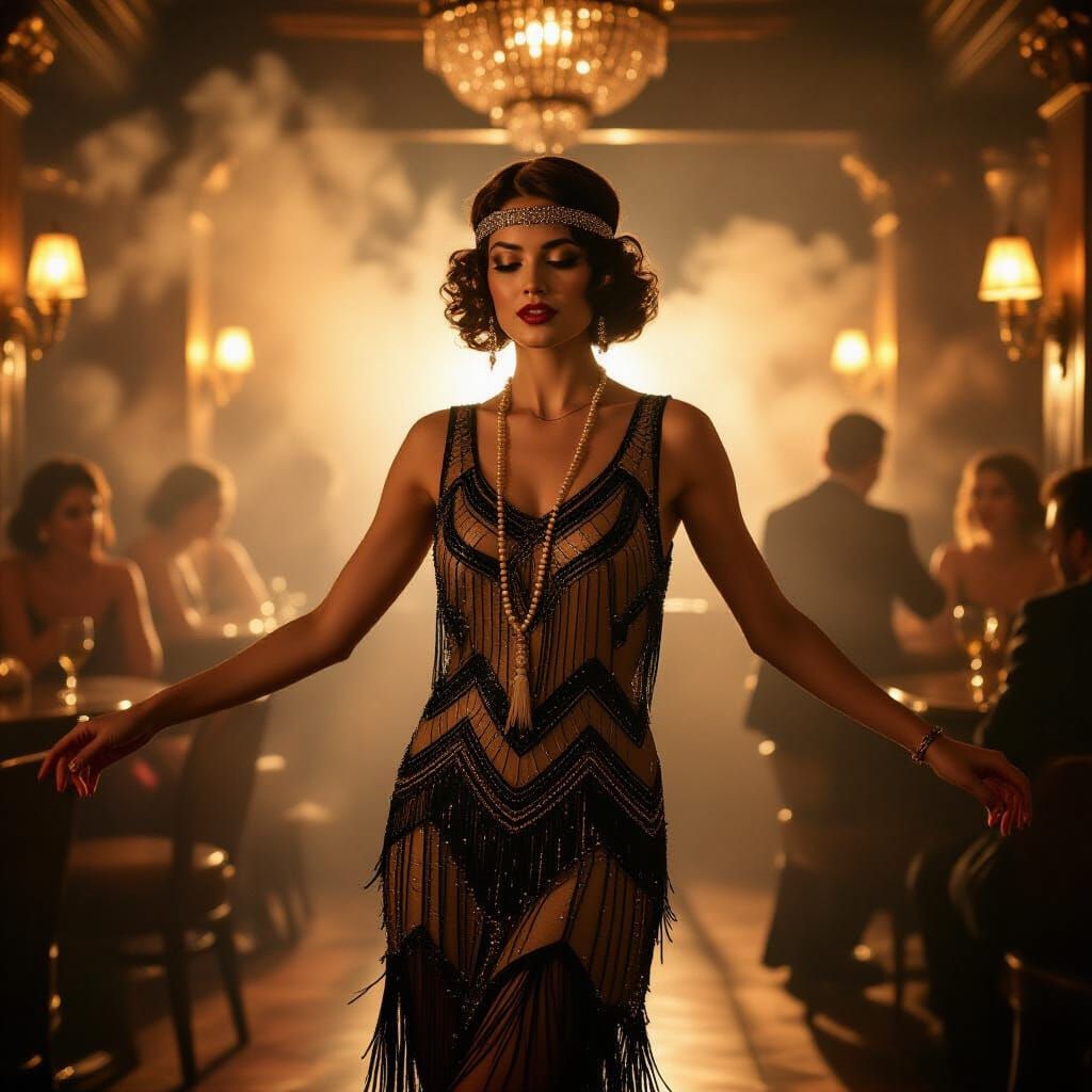 Flapper Dances in Smoky Speakeasy in Kodachrome Style