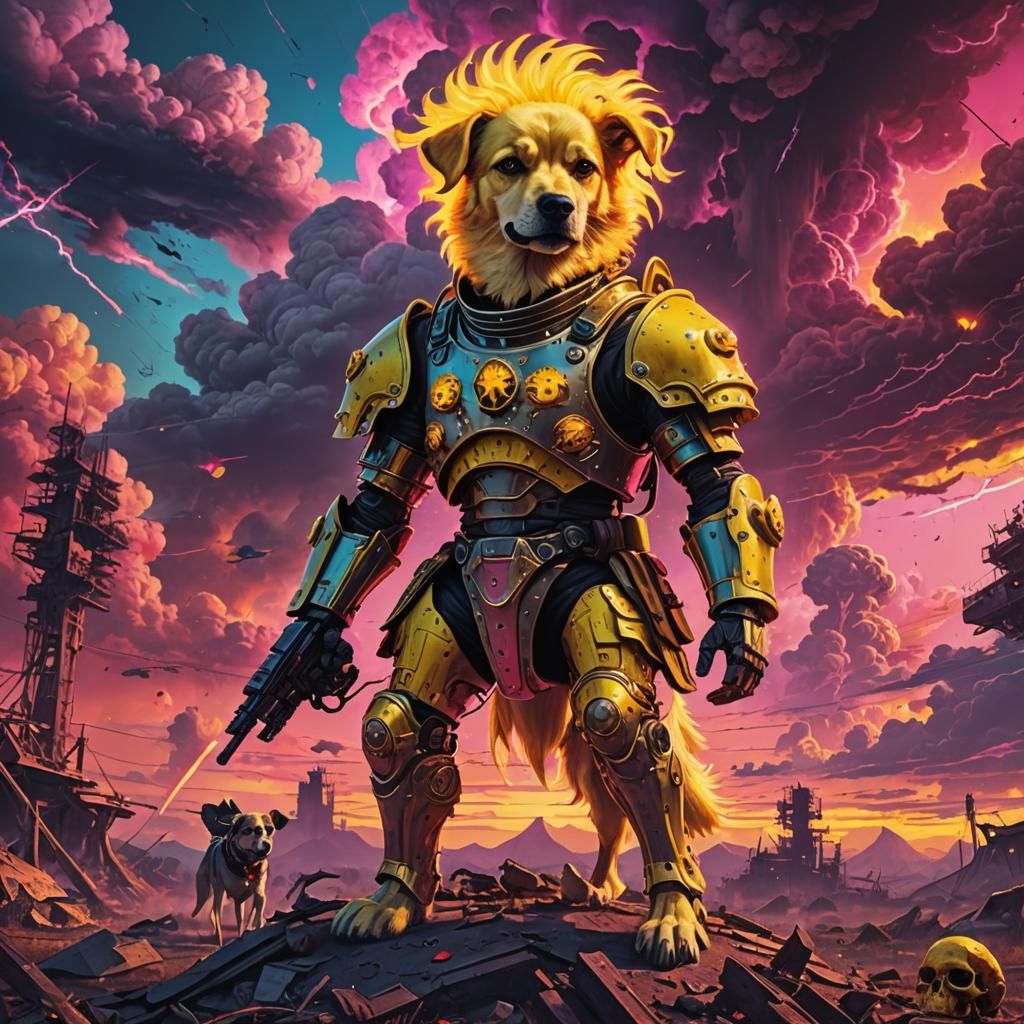 Armored Dog in Post-Apocalyptic Synthwave Sunset