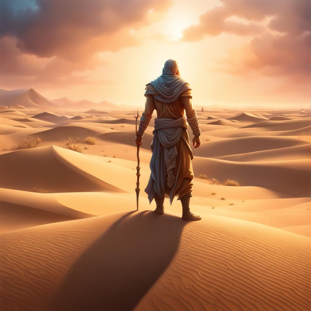 Ferocious God Stands Among Desert Dunes