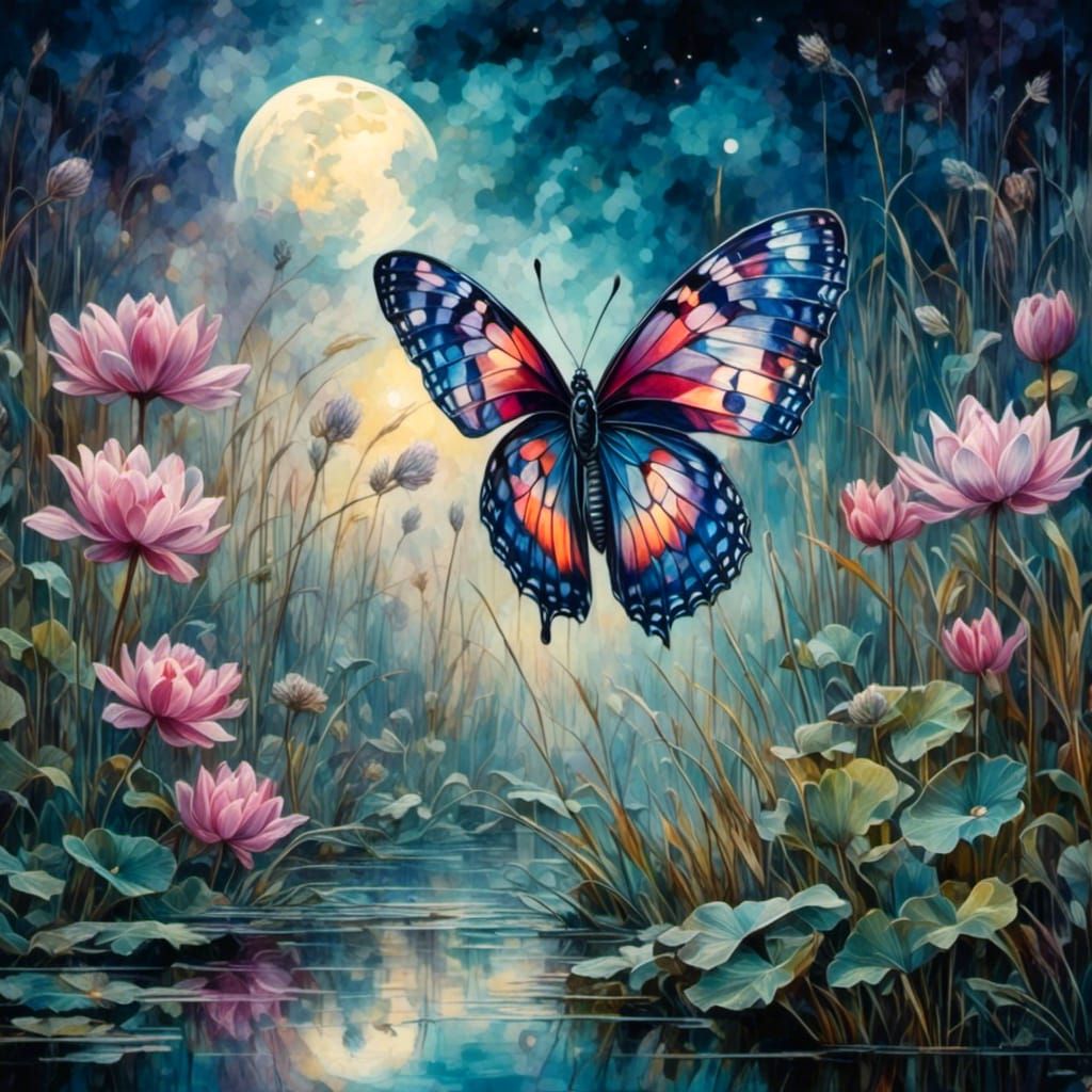 Butterfly in Misty Bog Under Moonlight: Art Deco