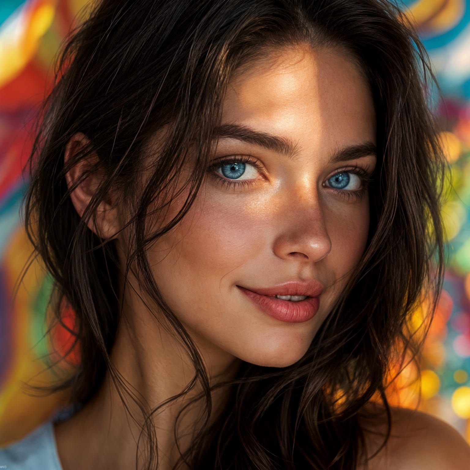 Hyperrealistic Woman Smiles in a Vibrant Splash Art Style