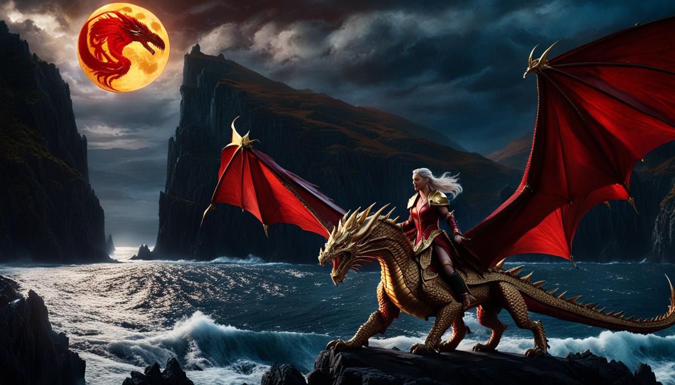 Targaryen Queen on Dragon Over Stormy Sea