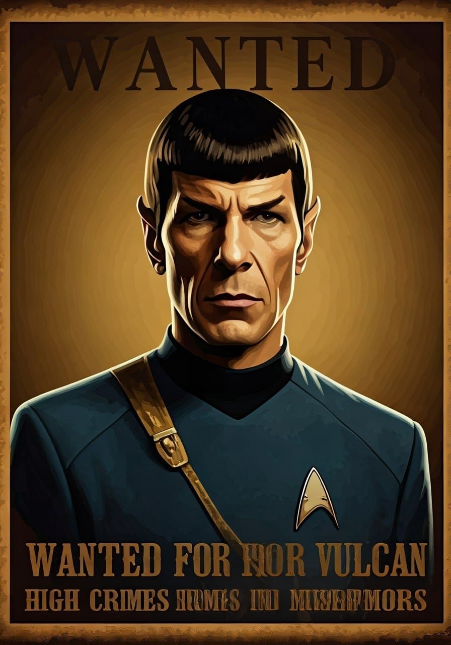 Wanted poster of Mr. Spock, "Wanted for Vulcan High Crimes a...