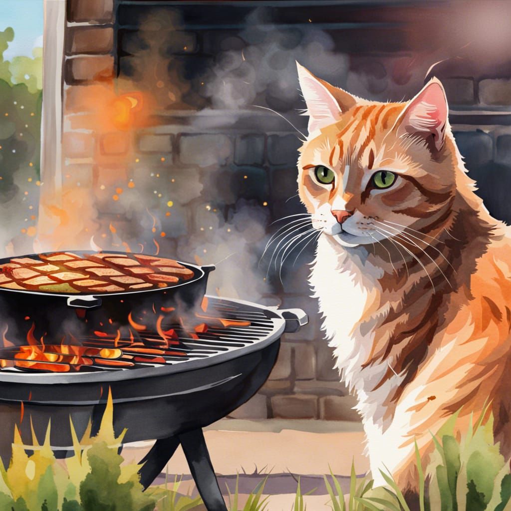Cat at Grill in Epic Watercolor Illustration