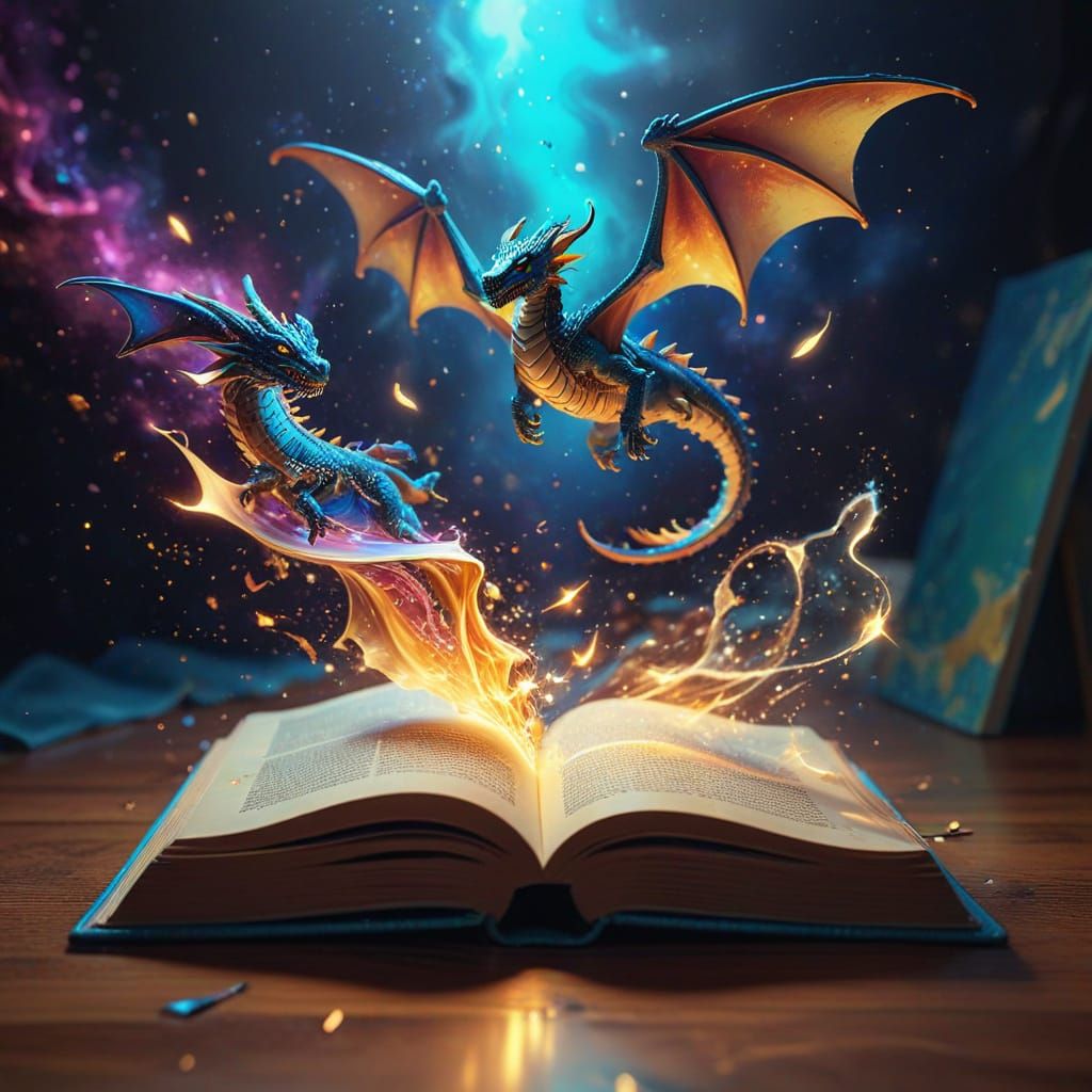 Magical Open Book with Dragon in 3D Render