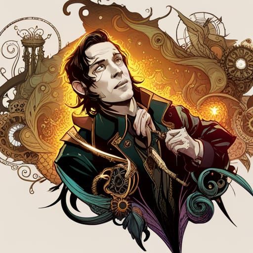 Steampunk Loki with Luminous Colors and Gold Outlines