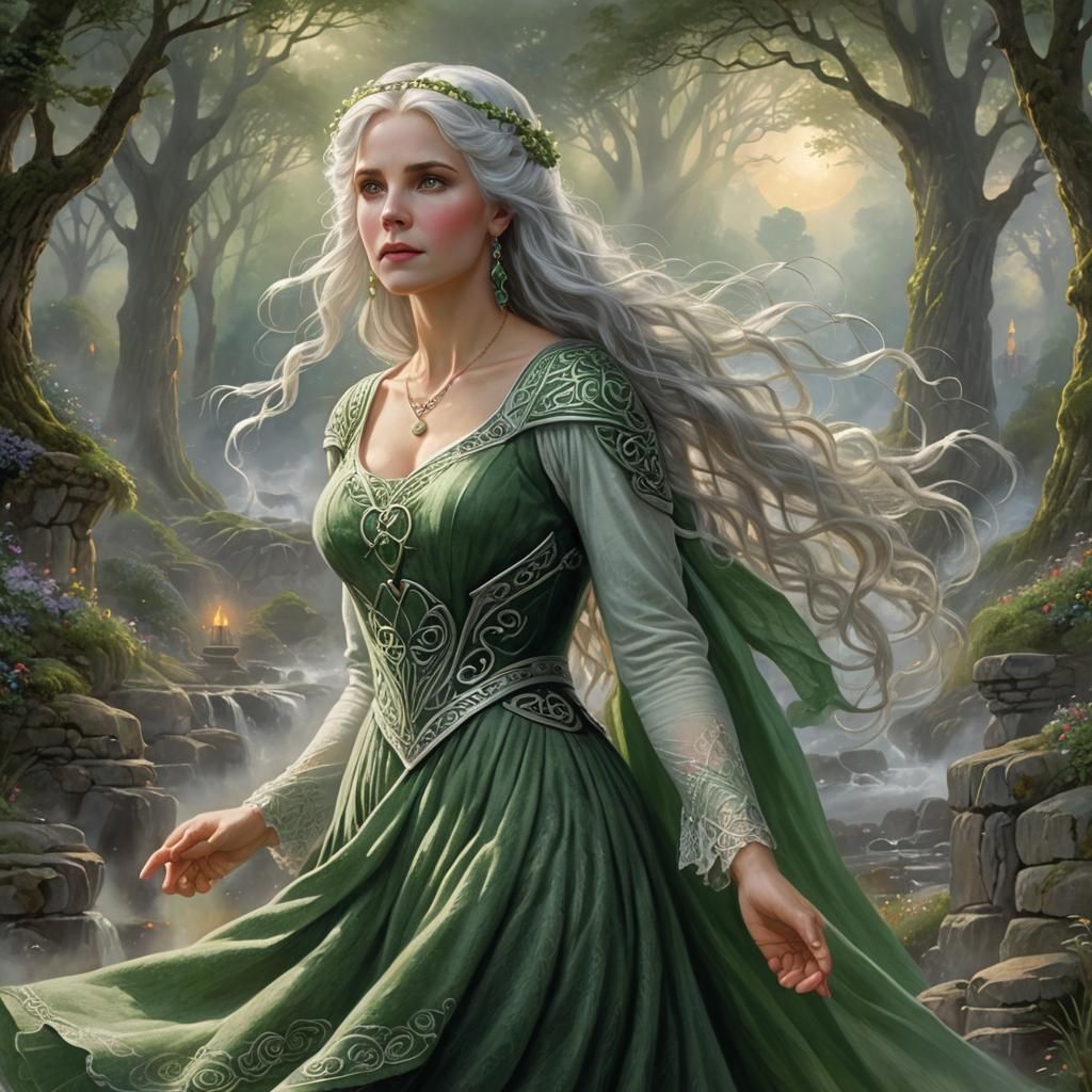 A celtic woman with greywhite hair, a green linen dress and celtic jewellry.