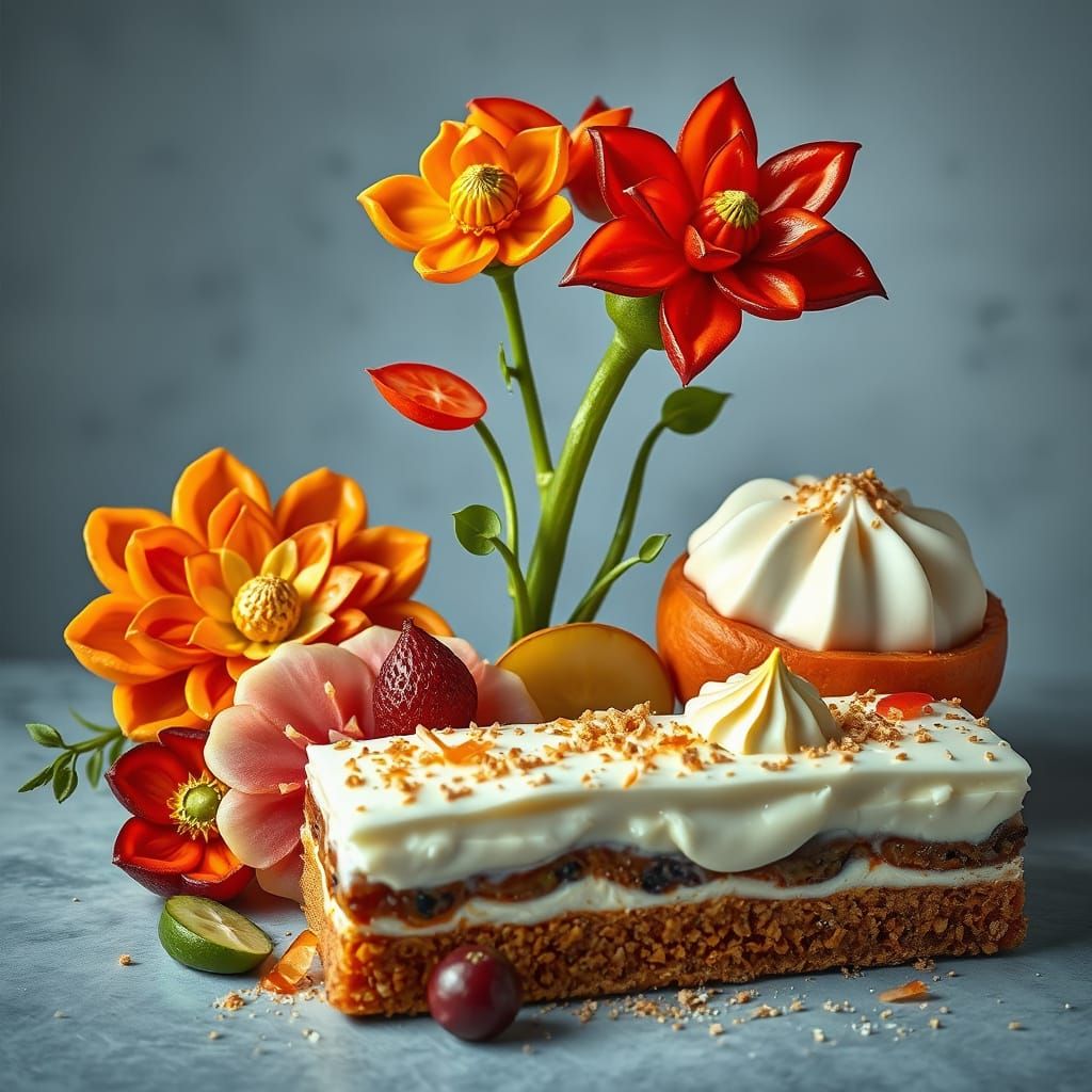 Ornate Fruit and Vegetable Cuts with Dairy Desserts