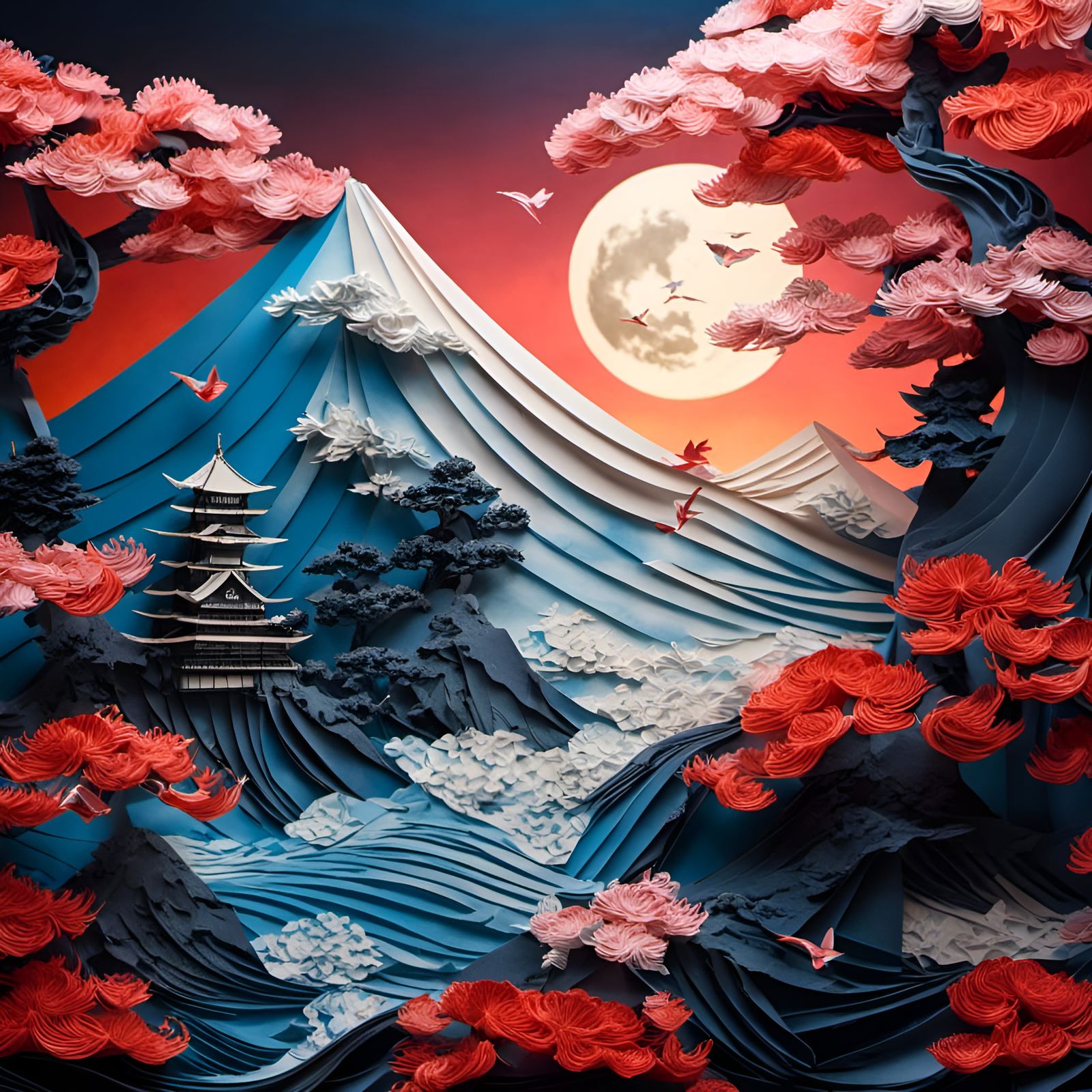 origami japanese mountain seascape