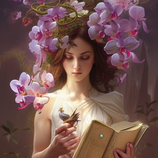 Ornate Bible with Vines and Orchids in Cyberpunk Style