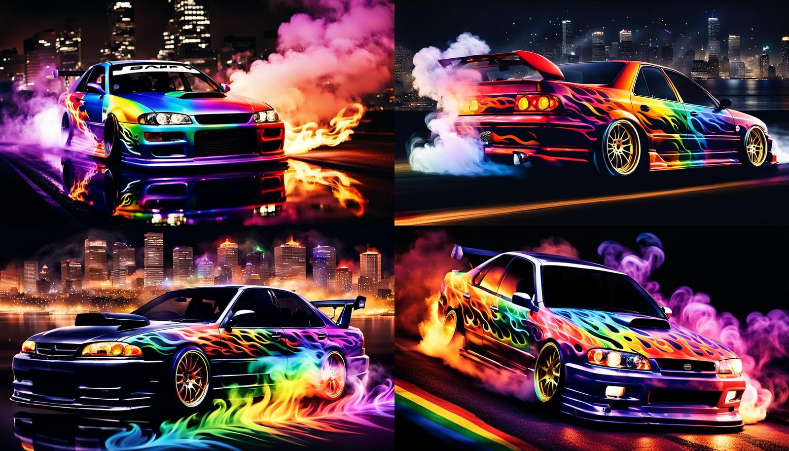 JDM Car Drifting with Rainbow Flames