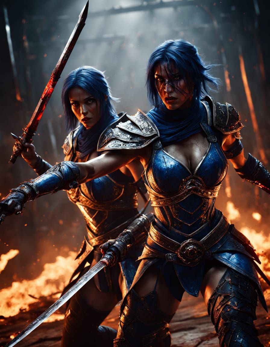 Female Warriors Clash in Hellish Arena with Bloody Armor