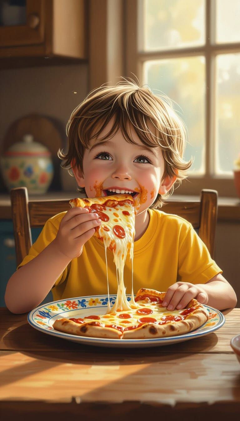 Boy's Pizza Joy: A Whimsical Matte Painting