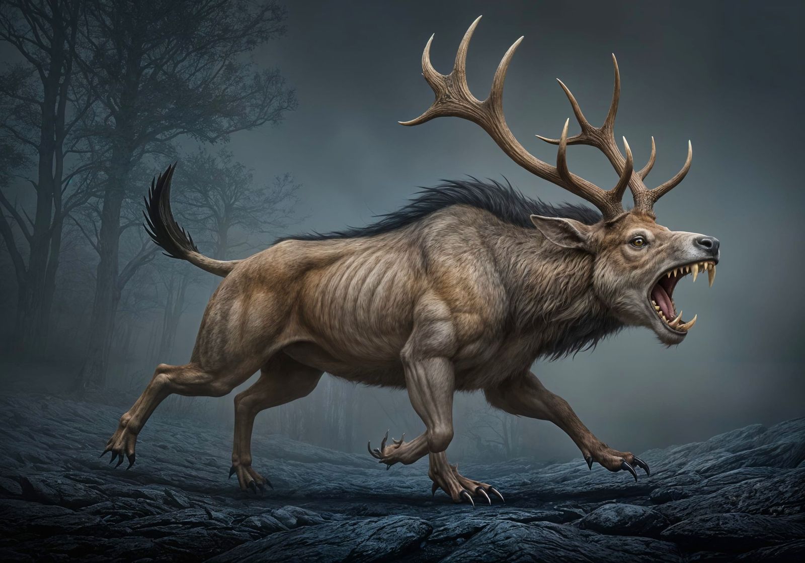 Mythical Beast Running on Rocky Terrain