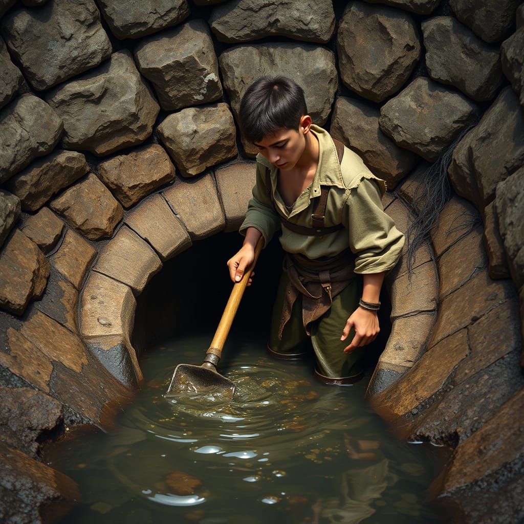 Medieval Laborer Cleans Polluted Drain Culvert in Fantastica...