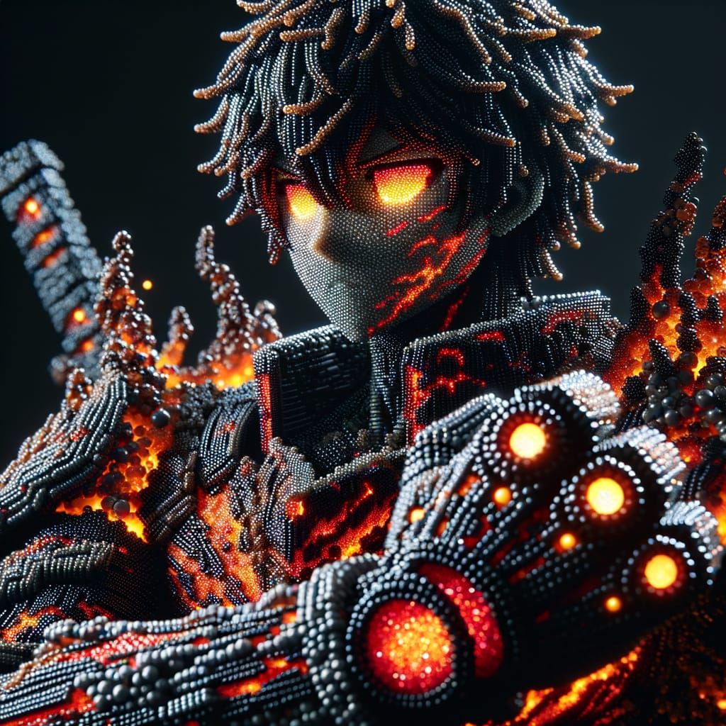 Anime-Inspired Beaded Obsidian Warrior with Glowing Eyes