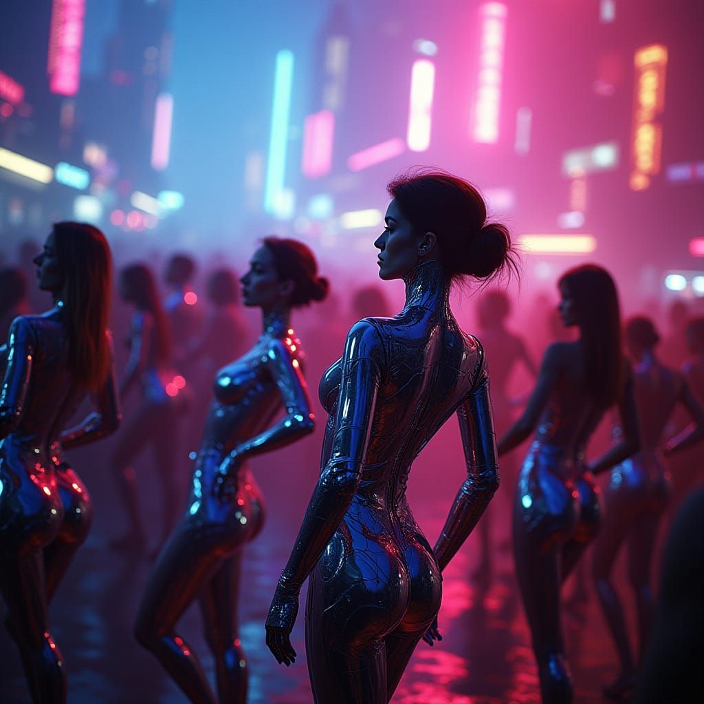 Sensual Android Women Dance in Neon-Lit Cyberpunk Nightclub