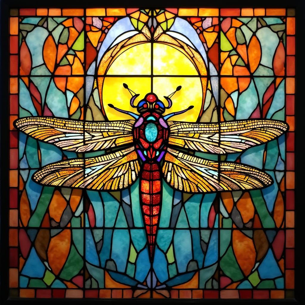 Stained Glass Dragonfly in Art Nouveau Style