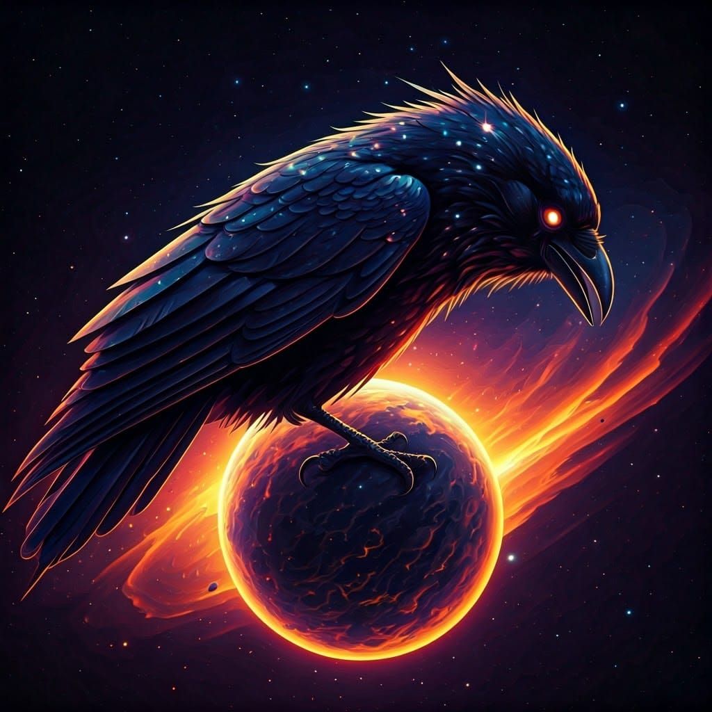 Cosmic Crow Devours a Planet in Digital Art