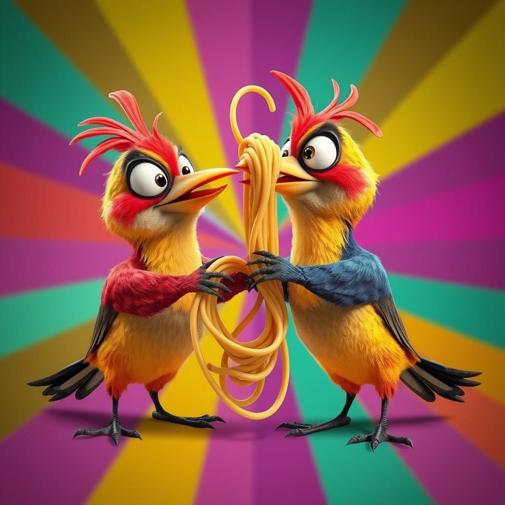 Whimsical Cartoon Birds Share Twisted Spaghetti