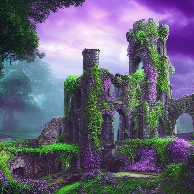 Ivy-Clad Castle Ruins in Lilac Tones