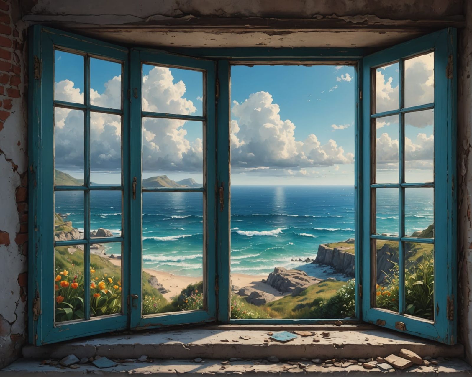 Vintage Window Sea View in Detailed Oil Painting