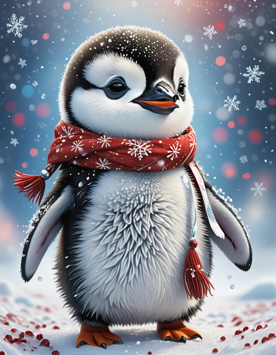 Baby Penguin with Red Scarf in Arctic Landscape