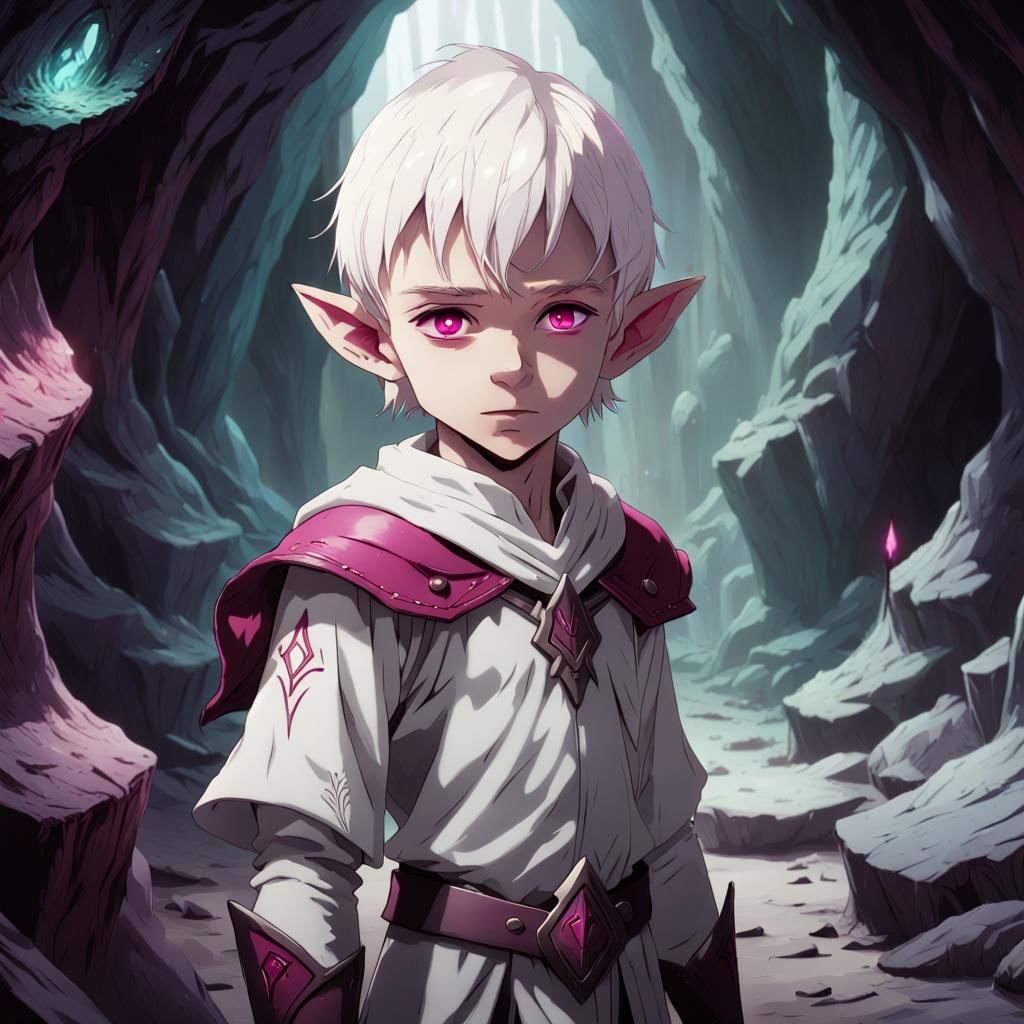 Manga-Inspired Albino Elf Boy in Dramatic Cavern Scene