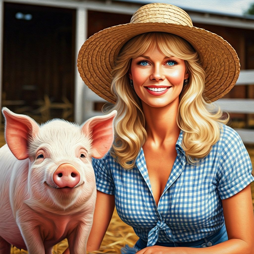 Cheryl Ladd and Pig in Barnyard, Oil Painting