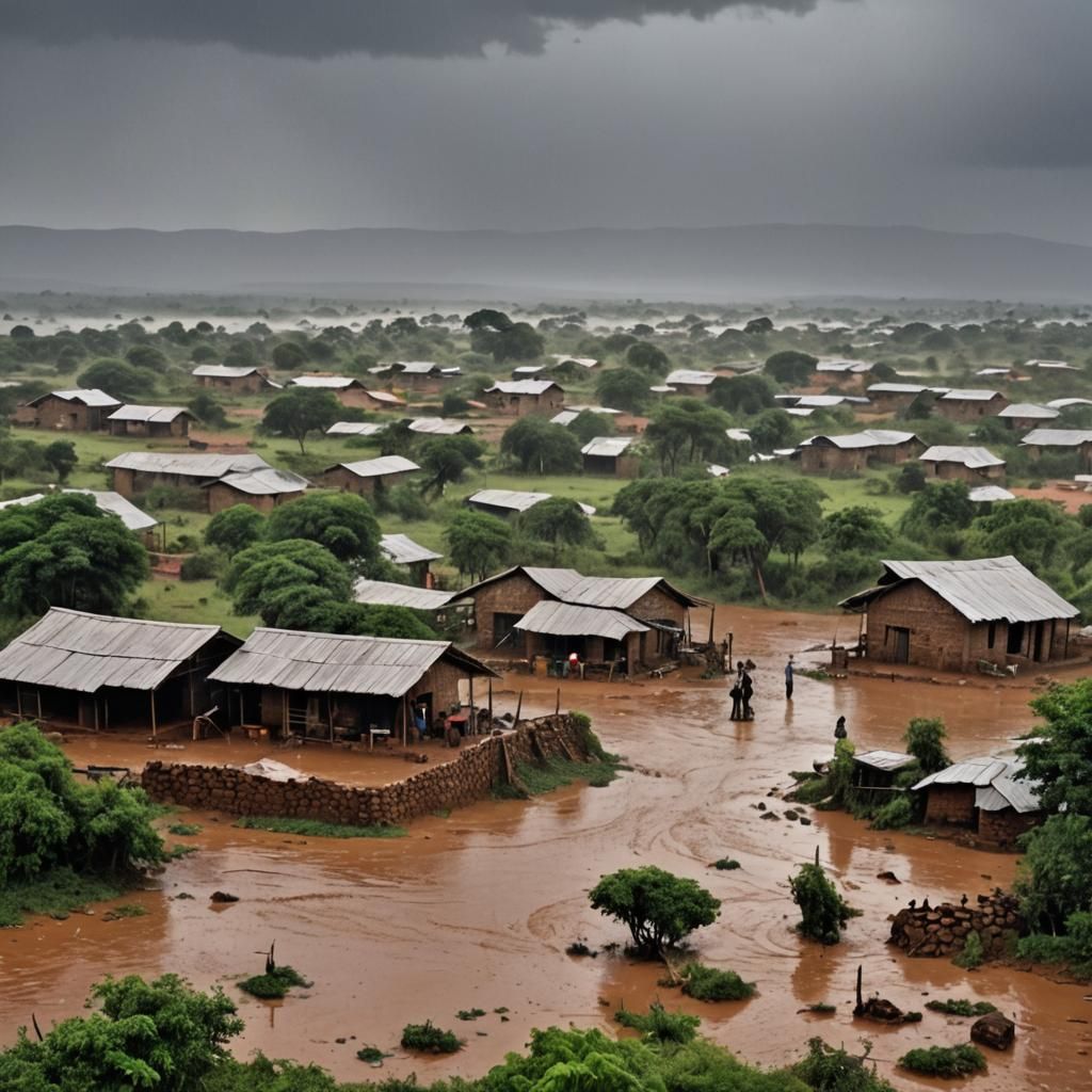 African Village Overwhelmed by Thunderstorm